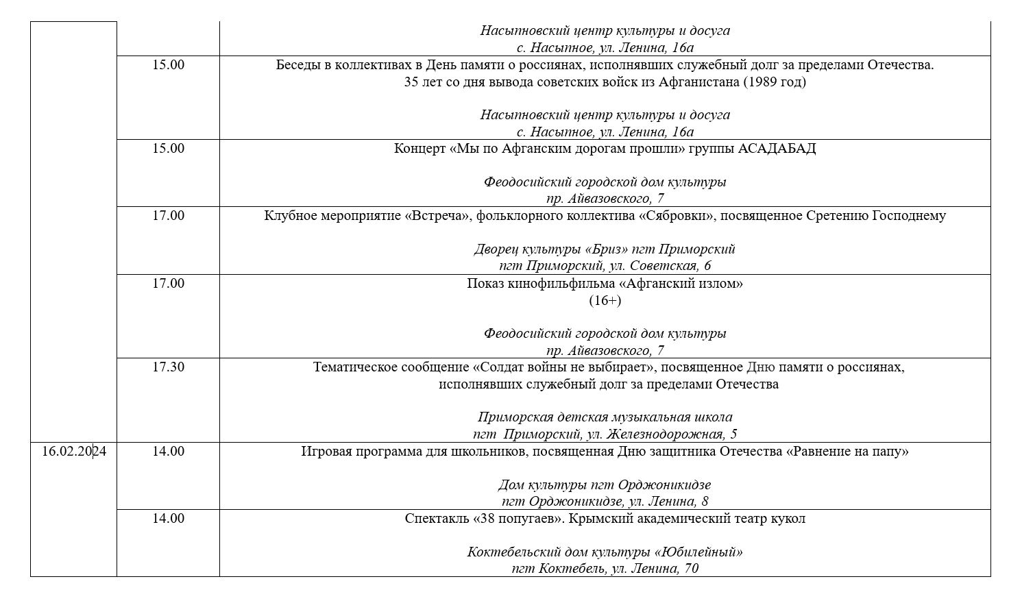 План культурных и спортивных мероприятий с 12 по 18 февраля 2024 года |  Правительство Республики Крым | Официальный портал