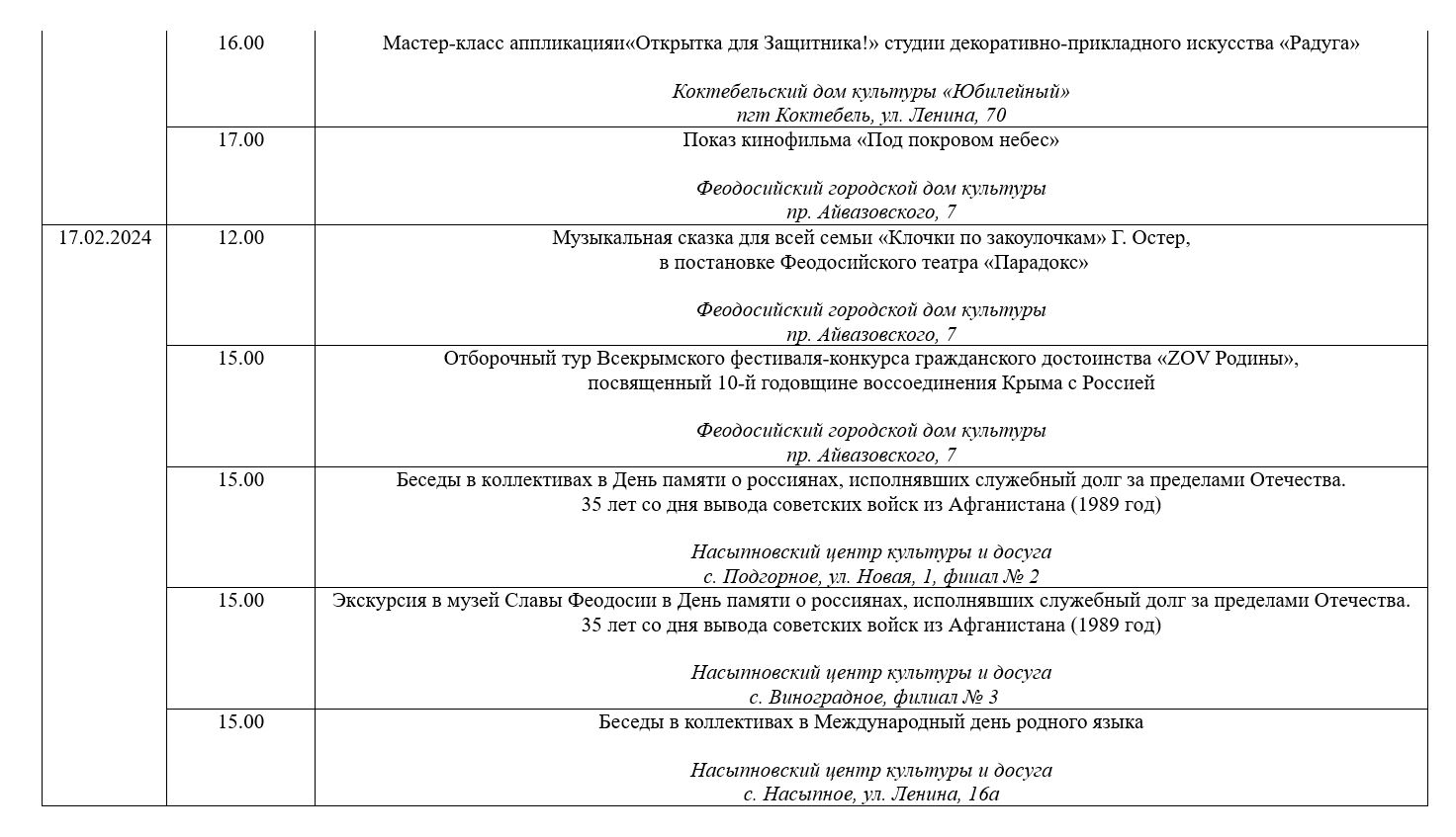 План культурных и спортивных мероприятий с 12 по 18 февраля 2024 года |  Правительство Республики Крым | Официальный портал